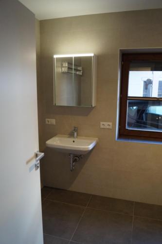 a bathroom with a sink and a mirror at FEWO Außerlechner in Innsbruck