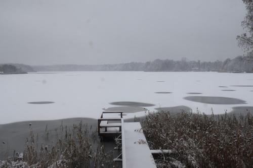 a view of a lake with a bench and water at Hotel Seeschlösschen in Groß Köris