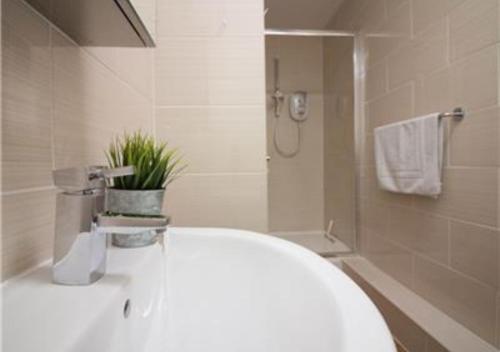 a bathroom with a toilet and a shower with a plant at StayZo Premiere Serviced Accommodation-17 in Southampton