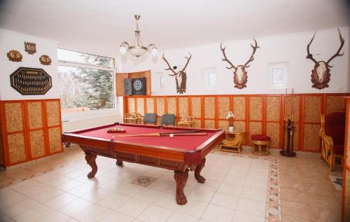 a pool table in a room with antlers on the wall at Ágnes vendégház Teljes ház in Hollóháza