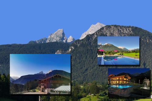 a collage of photos of buildings and mountains at Gästehaus Obersulzberglehen in Schönau am Königssee