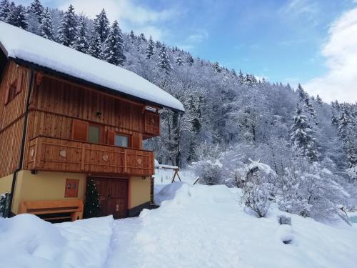 a building covered in snow with trees in the background at Počitniška hiška Kašta in Luče