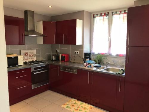 - une cuisine avec des placards rouges sombres et un évier dans l'établissement Rochire Location 2, à Gérardmer
