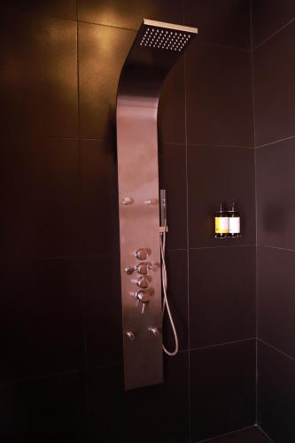 a shower with a mirror in a bathroom at Casa Rosa Hotel & Spa in San Cristóbal de Las Casas