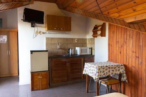 a small kitchen with a table and a microwave at Hotel Amazonas in Termas del Daymán