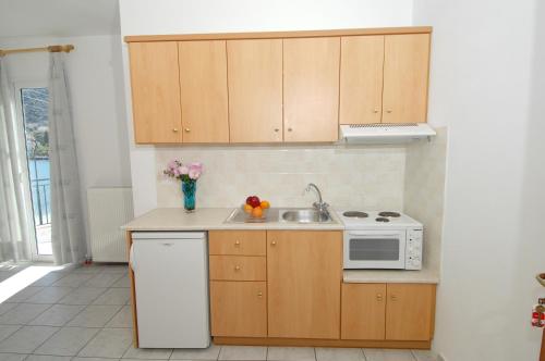 a kitchen with a sink and a microwave at Alexis Studios and Apartments in Ayia Evfimia