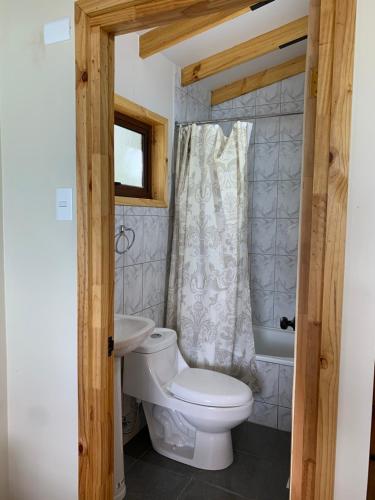 プエルト・リオ・トランキーロにあるDepartamentos La Vascaのトイレと洗面台付きのバスルーム