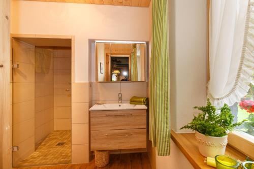 ein Bad mit einem Waschbecken und einem Spiegel in der Unterkunft Ferienhaus Hallweger in Ruhpolding