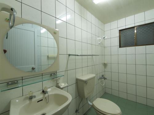 Un baño con inodoro, lavabo y espejo. en My Friend's Homestay, en Taitung