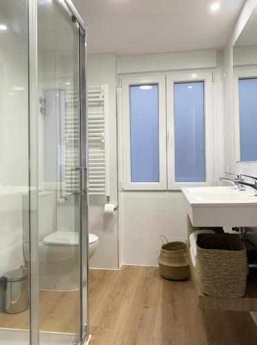 a bathroom with a shower and a toilet and a sink at Casa Condes de Gómara in Soria