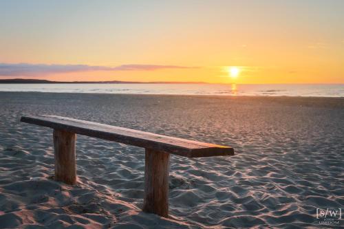 a wooden bench sitting on the beach at sunset at Düne 74 in Ostseebad Karlshagen