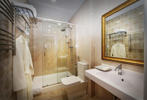 Premium Hotel Pushkin في انجارسك: حمام مع مرحاض ومغسلة ودش