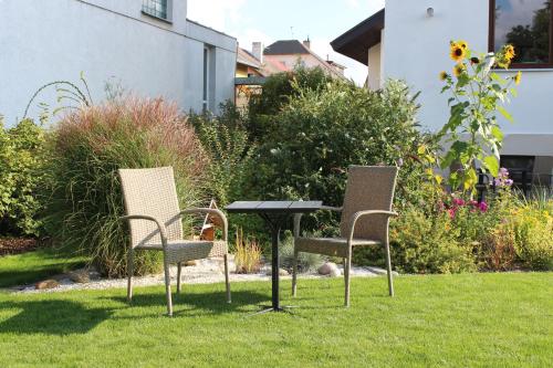 two chairs and a table in the grass at Apartment Dream in Františkovy Lázně