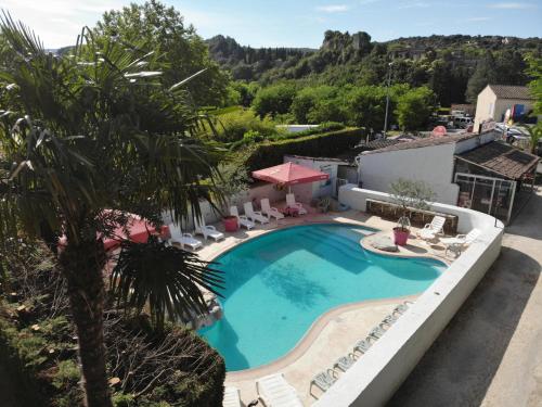 an overhead view of a swimming pool with chairs and a palm tree at LE CASQUE ROI in Salavas