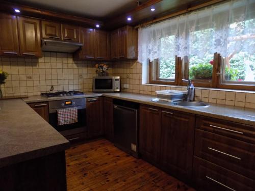 cocina con armarios de madera, fregadero y fogones en Pokoje u Teresy en Czarna Góra