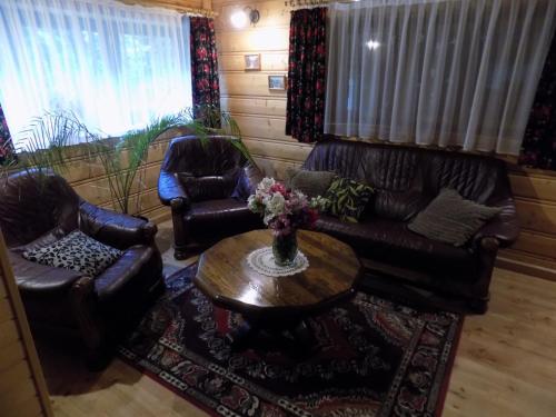 a living room with two leather chairs and a table at Pokoje u Teresy in Czarna Góra