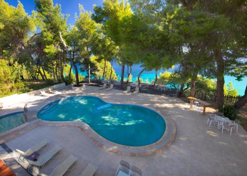 a swimming pool with chairs and trees and the ocean at Evripidis Hotel in Afitos