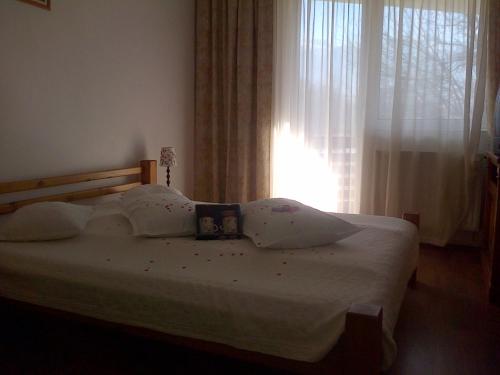 a bedroom with a bed with white sheets and a window at Vila Alisa in Bran
