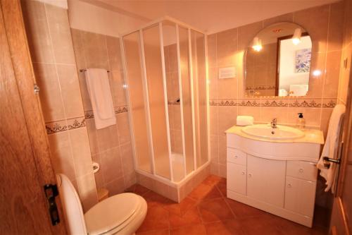 a bathroom with a toilet and a sink and a mirror at Villa Olive in Loulé