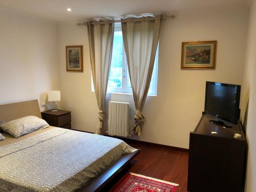 1 dormitorio con 1 cama y TV de pantalla plana en Cozy Apartment Barzio, en Barzio