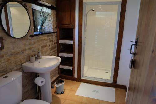 La salle de bains est pourvue d'un lavabo et d'une douche. dans l'établissement Les Portes Vertes, à Mairé-lʼEvescault