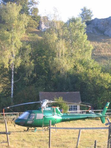 a green helicopter parked in a field next to a house at Sontheimer Wirtshäusle in Sontheim im Stubental