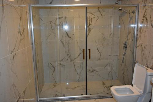 a shower stall in a bathroom with a toilet at Deluxe Hotel Ganja in Ganja
