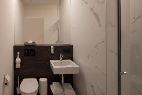 a bathroom with a sink and a toilet and a mirror at Alpha Hotel and Aparthotel in Tienen