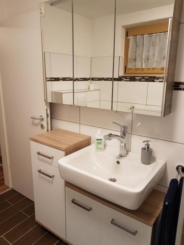 a bathroom with a sink and a mirror at Ferienwohnung- SARAH in Hahnstätten