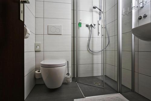 a bathroom with a shower and a toilet in it at Reichels Parkhotel in Bad Windsheim