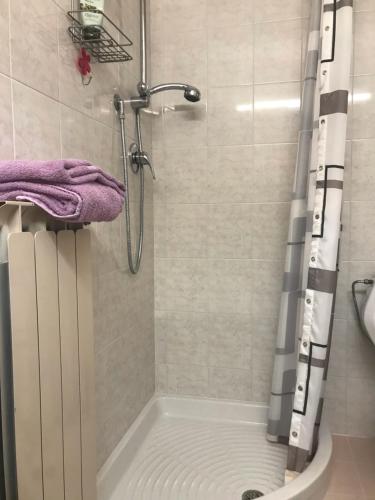 un bagno con doccia con tenda da doccia di Villa l'Uliveta a Montecatini Terme