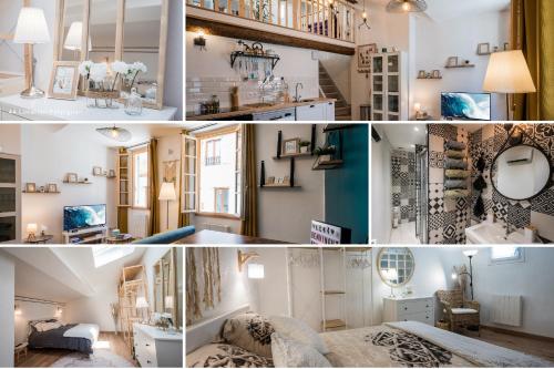 un collage de photos d'une chambre et d'un salon dans l'établissement "Le 44", immeuble de 2 logements neufs, garage pour le F2 uniquement, à Perpignan