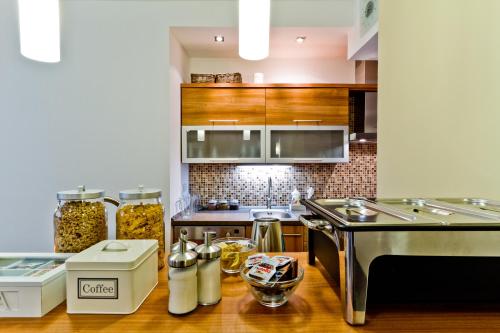 a kitchen with stainless steel appliances and a counter at Penzion Jelínek in Opočno