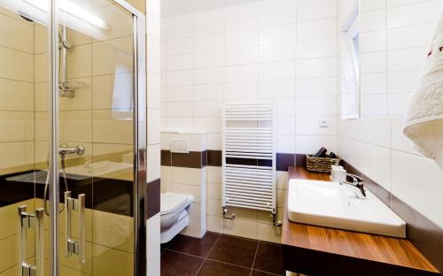a bathroom with a sink and a shower at Penzion Jelínek in Opočno