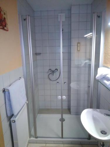 a shower with a glass door next to a sink at Jägerhäusl in Arrach