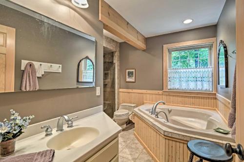 a bathroom with a tub and a toilet and a sink at Rustic and Modern Home with Fire Pit on Tower Pond! in Onaway