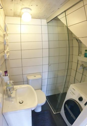 ein kleines Badezimmer mit Toilette und Waschbecken in der Unterkunft Nedidelis, jaukus namelis Palangoje, Čiki Puki in Palanga