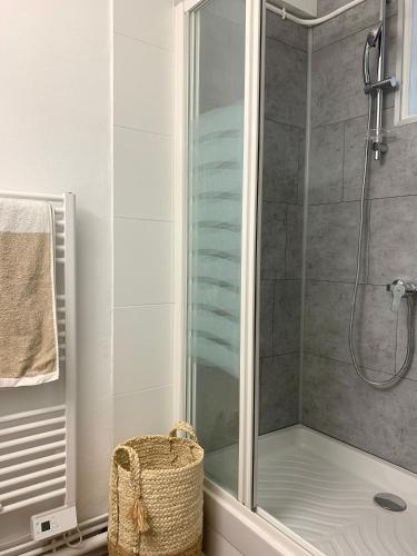 une douche avec une porte vitrée dans une salle de bain dans l'établissement Studio ScandiChic tout équipé centre-gare-rives-clinique à pied, à Caen