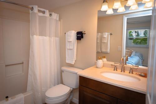 a bathroom with a toilet and a sink and a mirror at Cedar Cove Resort & Cottages in Holmes Beach