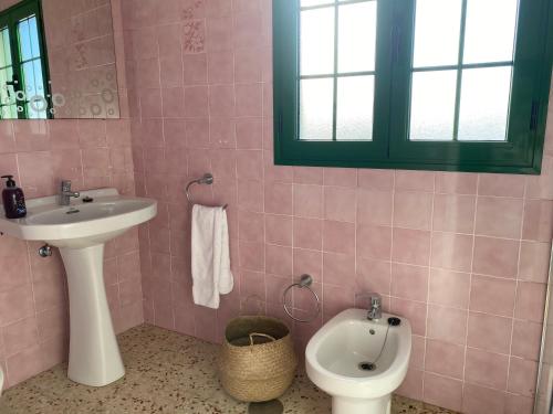 Baño rosa con lavabo y aseo en Villas Yaiza. El Golfo, en El Golfo