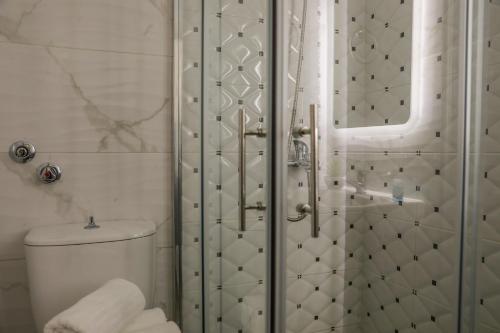 a bathroom with a shower with a toilet at La FLEUR apartments in Skiathos Town