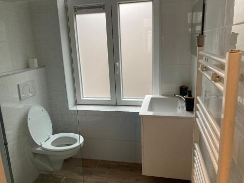 La salle de bains est pourvue de toilettes et d'un lavabo. dans l'établissement Magnifique Studio au 2ème étage, à proximité de la gare du midi!, à Bruxelles