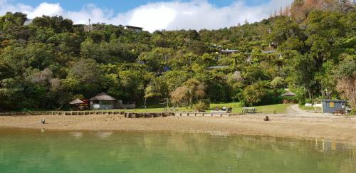 a beach with a body of water next to a mountain at Punga Cove Resort in Endeavour Inlet