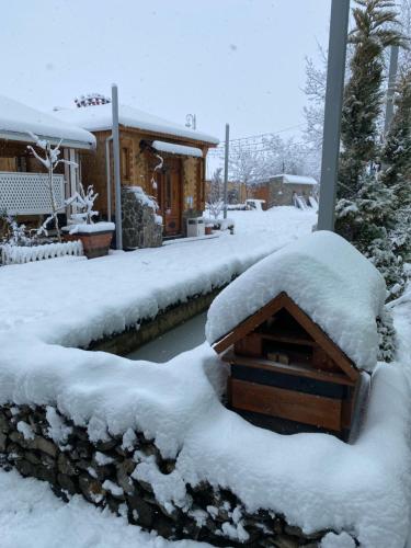 a bird house covered in snow in front of a house at Qafqaz Fountain Villa in Gabala