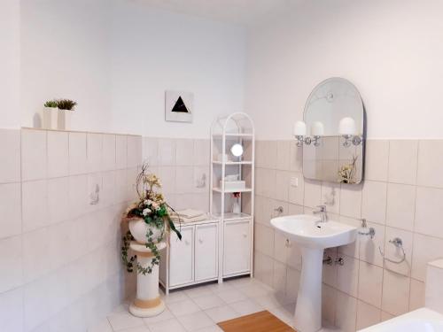 a white bathroom with a sink and a mirror at Ferienwohnungen Familie Schmidt in Gera