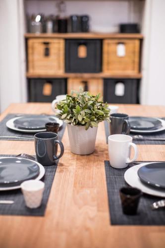 une table avec des plaques noires et une plante en pot dans l'établissement LGC Habitat- chambre privée- appartement commun- gare Saint-Roch, à Montpellier