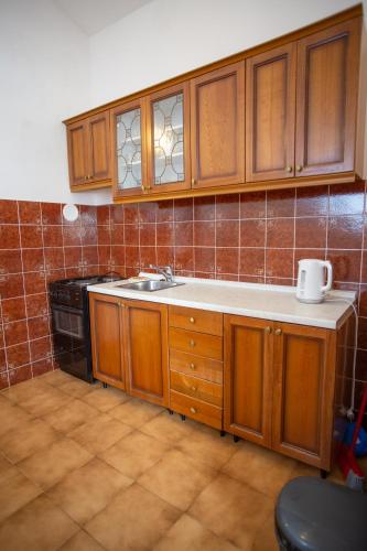 a kitchen with wooden cabinets and a sink at House Emilija in Novalja