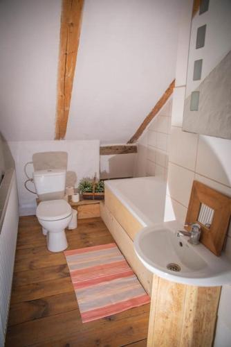 a bathroom with a toilet and a sink at Placówka - całoroczny dom wakacyjny in Wydminy