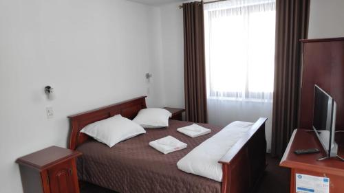 a bedroom with a bed with two pillows and a television at Pensiunea Simona in Rodna