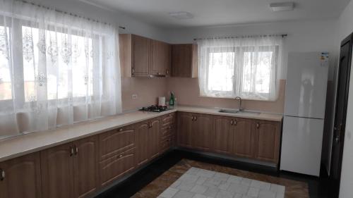 a kitchen with wooden cabinets and a refrigerator and windows at Pensiunea Simona in Rodna